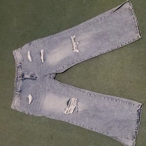 Plus size wide leg blue jeans with slits